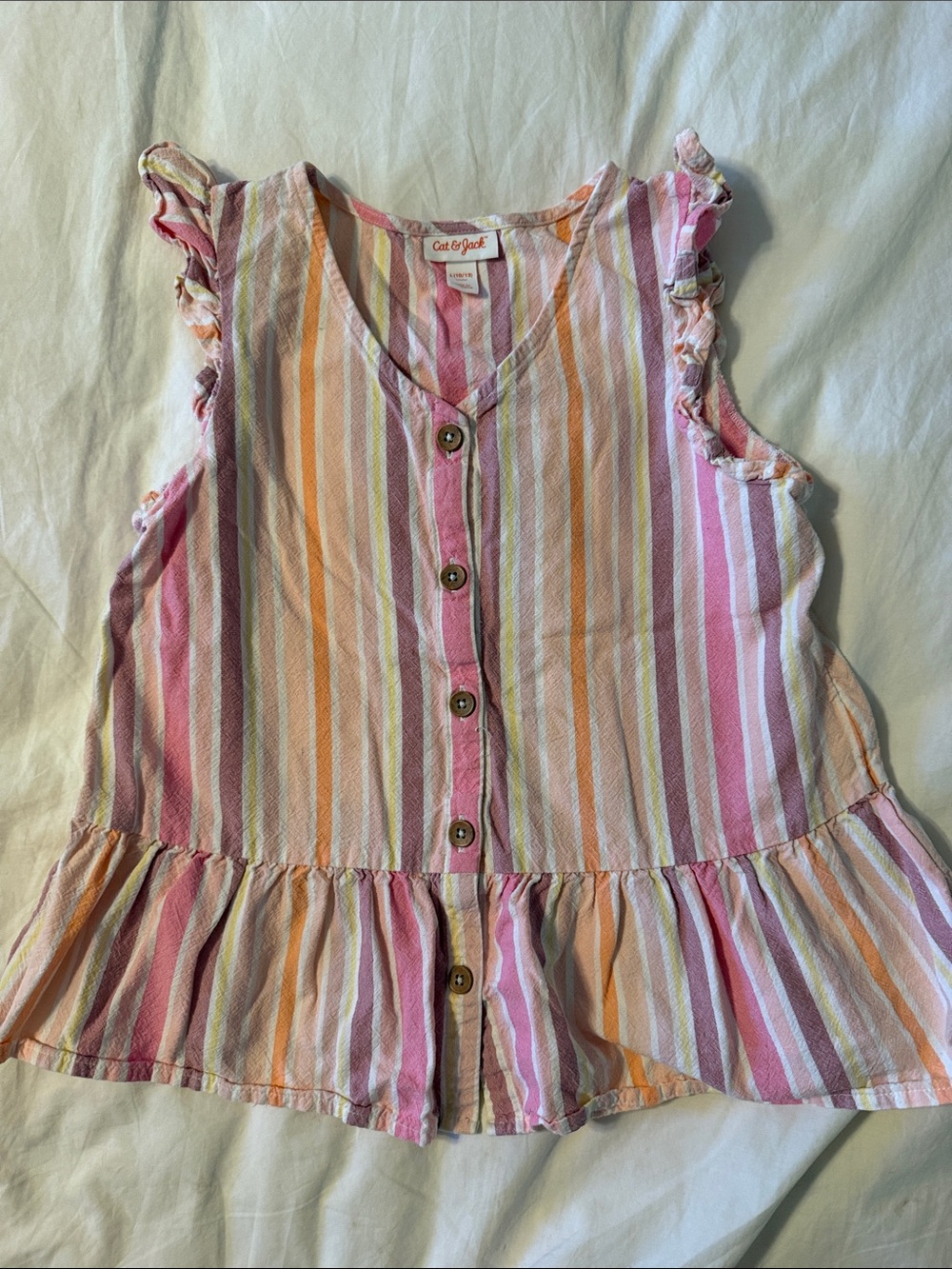 Cat & Jack Pink Orange Yellow Stripe Ruffle Button-Front Top